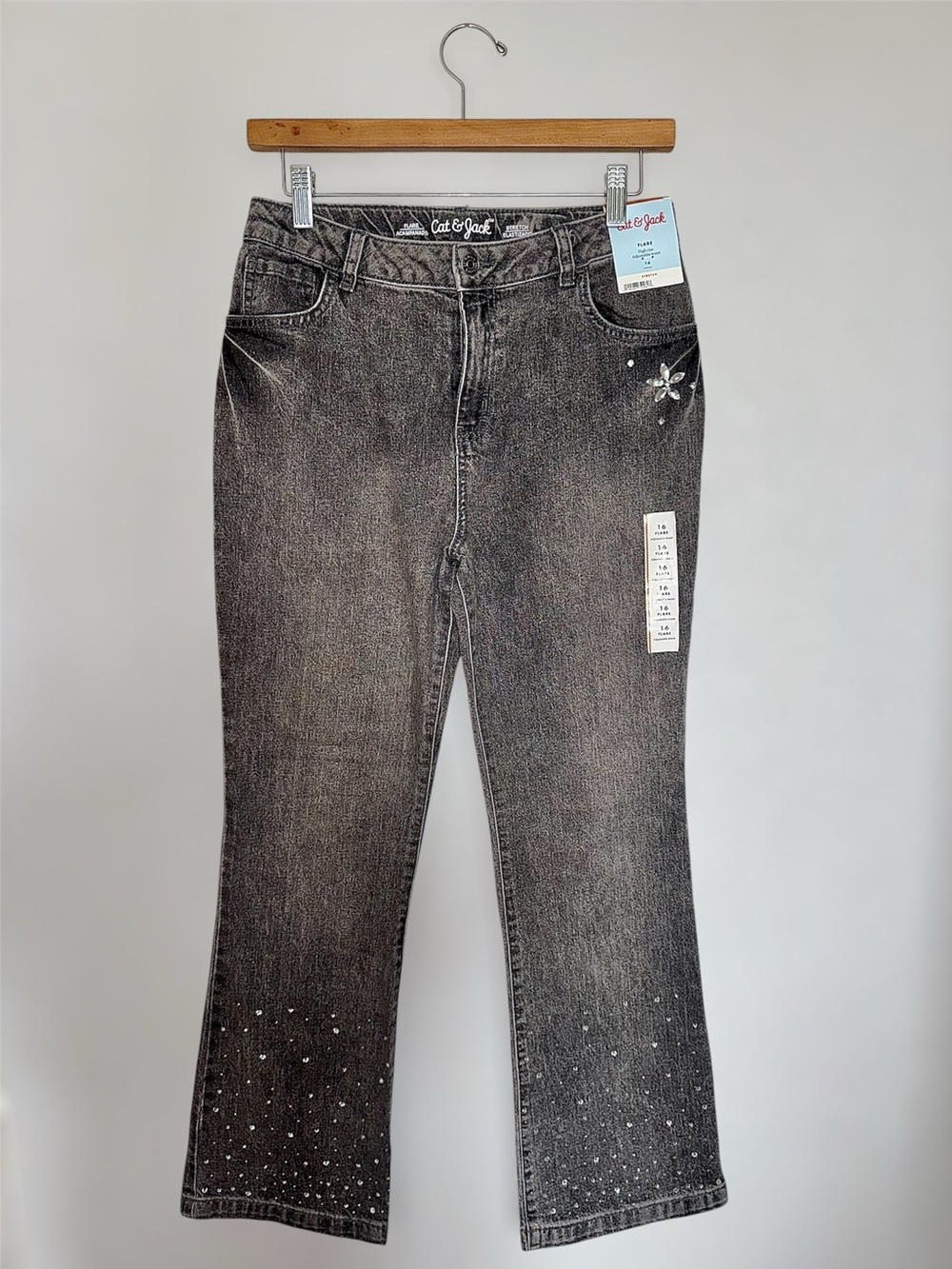 New Cat & Jack Black Gray Washed Flare Jeans w/ Rhinestone Accents High Rise 16